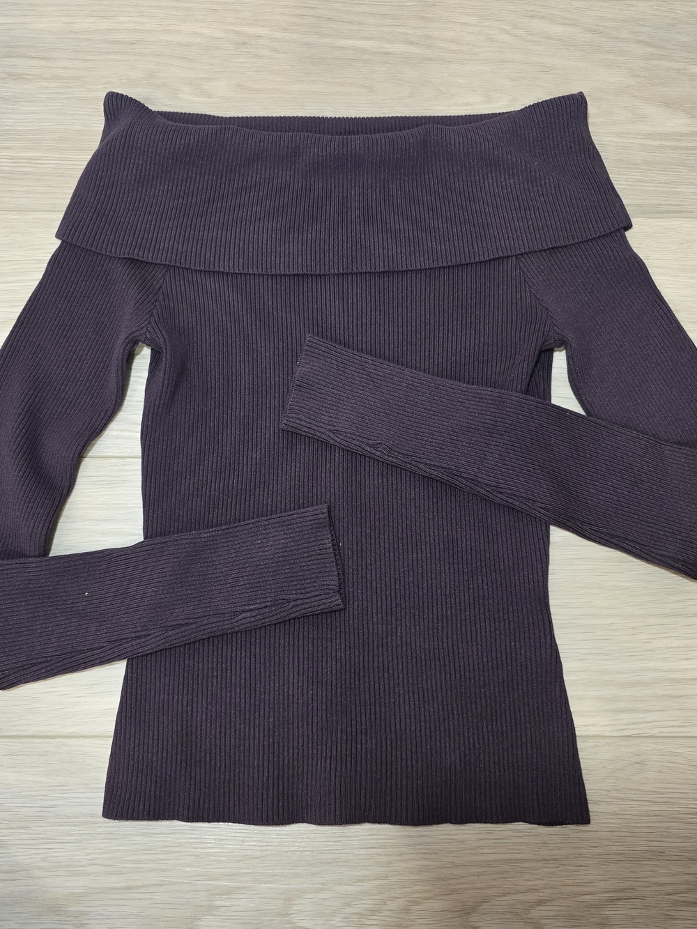 H&M Off-Shoulder Ribbed Sweater in Deep Plum. Foldover Neck Line
